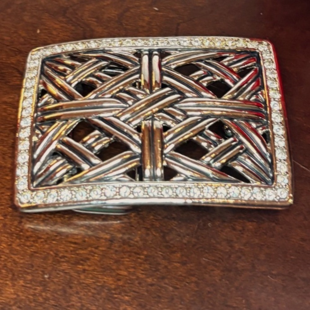 Silver Tone Woven Basketweave Interchangeable Belt Buckle Clear Rhinestone